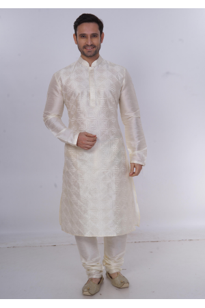 White Color Silk Fabric Kurta